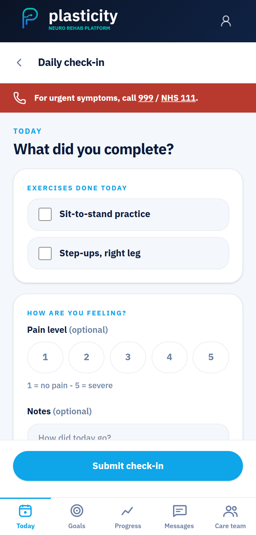 Daily check-in screen — exercises completed and pain level