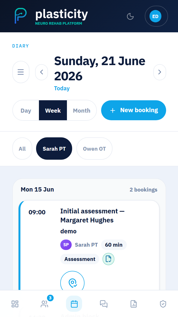 Clinician diary — week view with assessments, follow-ups and telehealth