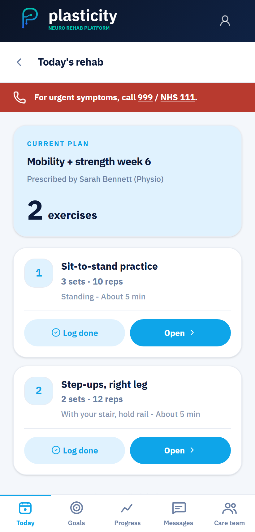 Today's rehab — prescribed exercises with sets and reps