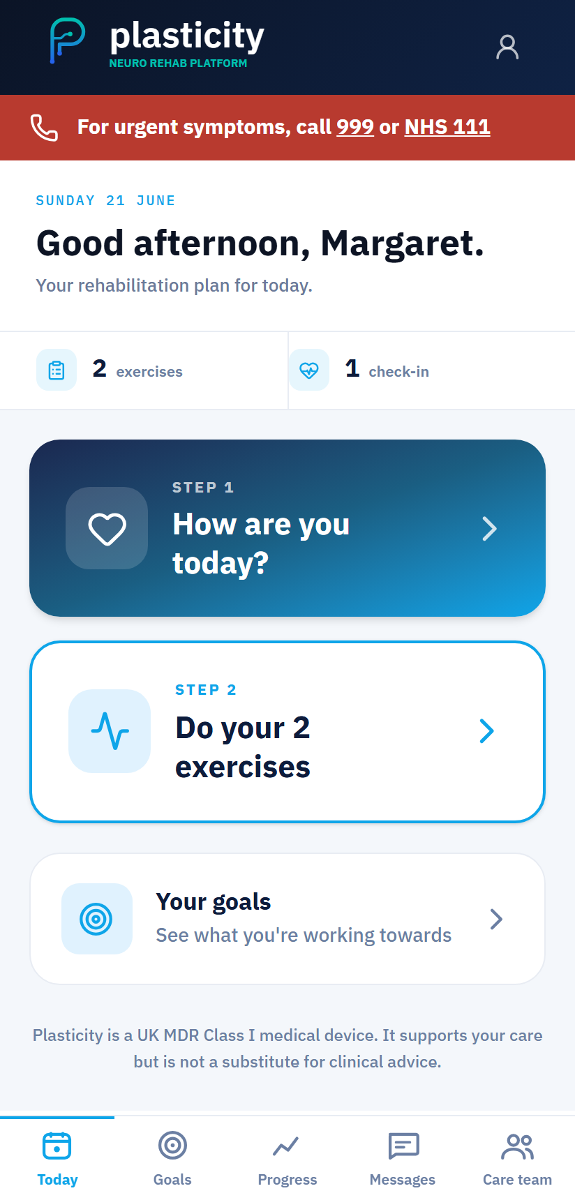 Patient home screen — today's rehabilitation plan with check-in and exercises