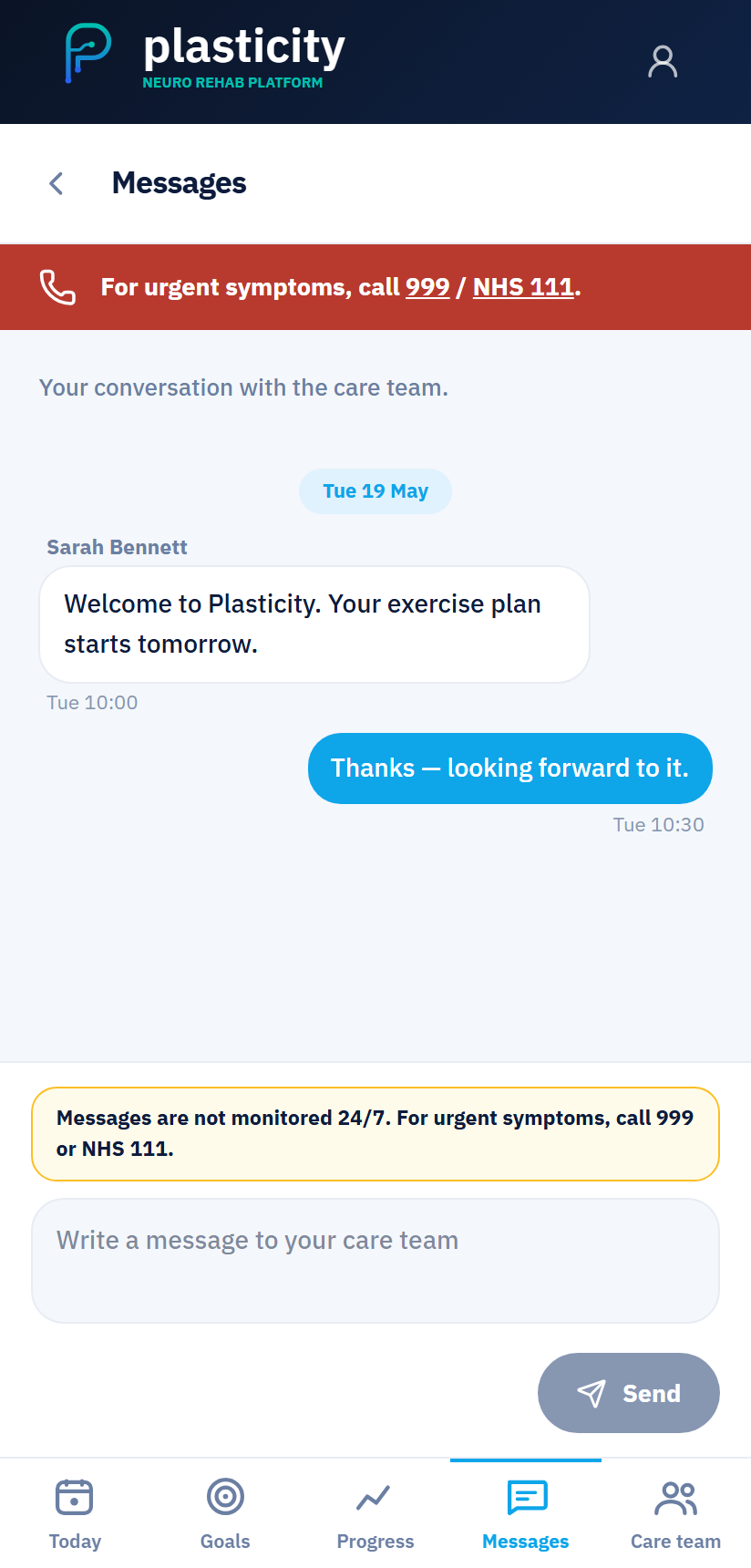 Messaging — patient conversation with the care team and a 999 / NHS 111 banner